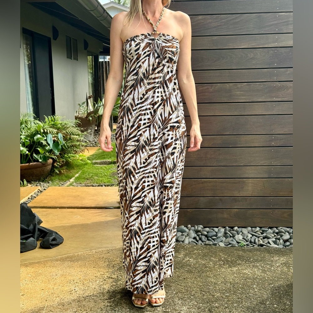 Michael Kors | Tropical Bamboo Maxi Column Halter Dress w/ Gold Chain | XS